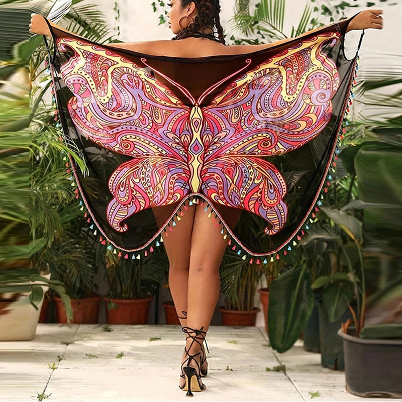 Sexy Butterfly Print Cover Up Swimwear Women Dress Summer Tunic Bikini Bath Sarong Wrap Skirt Swimsuit Elegant Lady Beachwear - Seprincess