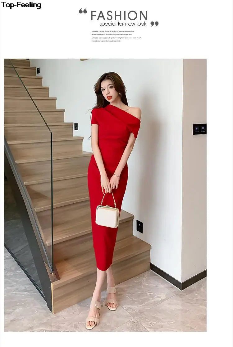 Elegant Off Shoulder Evening Party Dresses Women Summer Fashion Slim One Piece Solid Vestidos Korean Graduation Robe Clothing - Seprincess