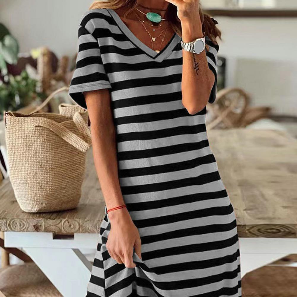 Summer Dresses 2023 Woman Plus Size Dresses For Women Casual Stripe Print V-neck Short Sleeve Loose Long Dress Robe Femme - Seprincess