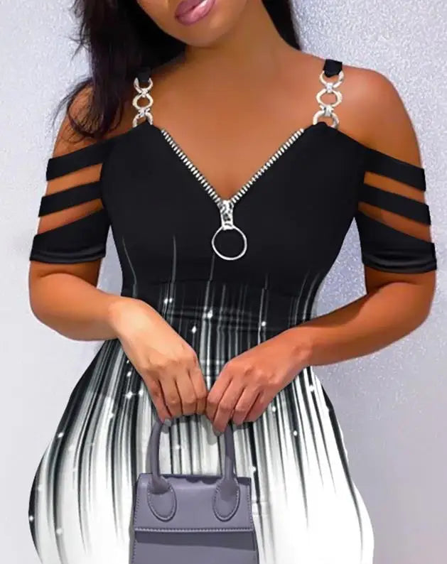 New Fashion 2023 Summer Casual Sexy Colorblock Cold Shoulder Bodycon Skinny Mini Dress Elegant Dresses for Women - Seprincess