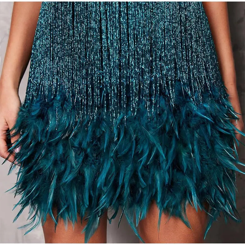 2024 Sexy Women's Fringed Sequin Feather Stitching Dress Summer Slim V-Neck Off Shoulder Dresses Female Backless Slip Mini Robe