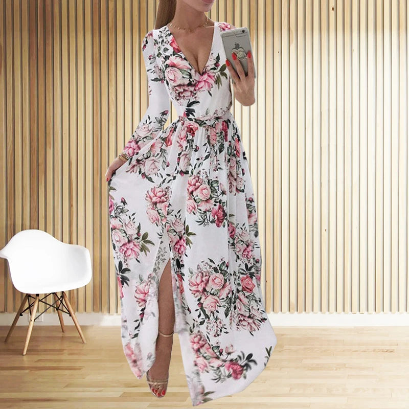 Amazon eBay Cross border 2024 Summer Chiffon Printed Long Dress V-neck Dress Long Sleeve Split Dress Women - Seprincess