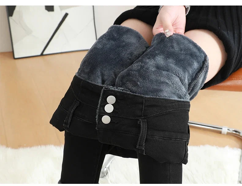 Black Fleece Warm Women Winter Jeans Thickened High Waist Multi-button Skinny Stretch Denim Pants Fashion Korean Female Trousers