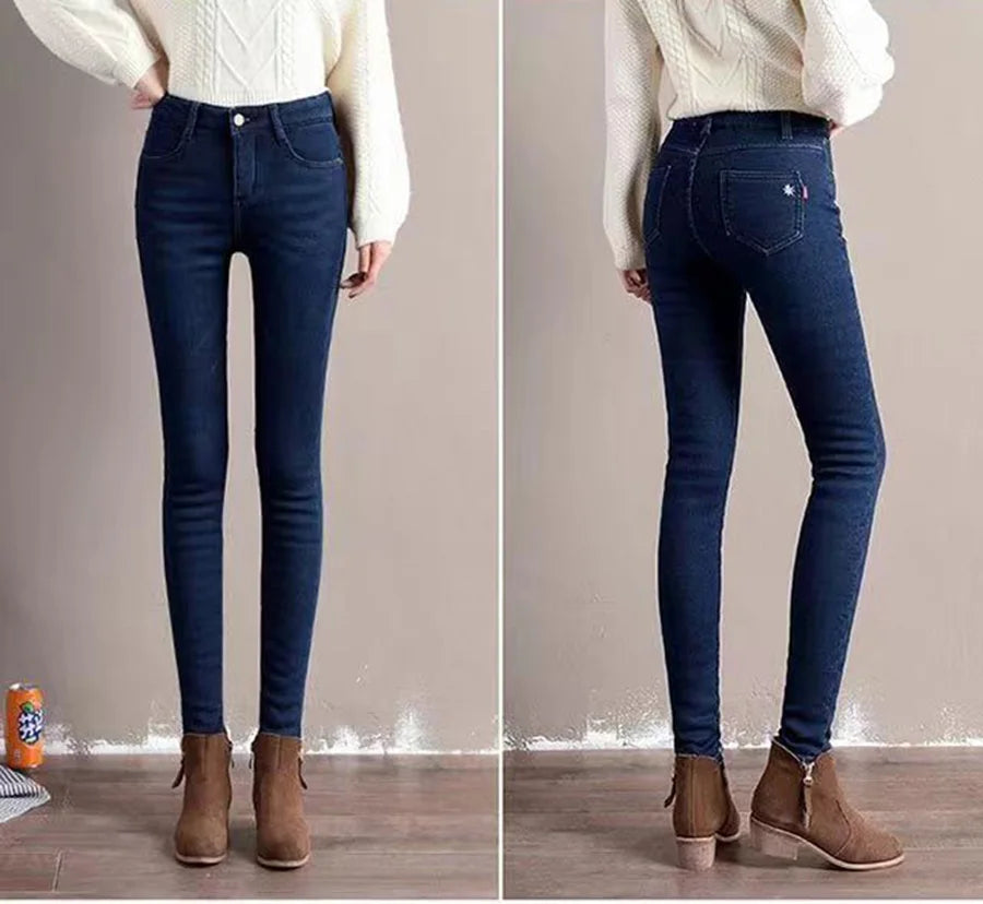 Winter Thicken Fleece Lined Women Jeans Vintage High Waist Snow Wear Vaqueros Casual Skinny Pencil Pants Big Size Warm Pantalons