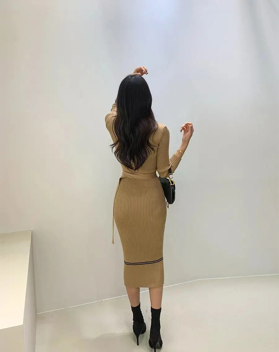 Autumn Winter Women Knitted Dress Brand Fashion O-neck Buttons Bodycon Sweater Dress with Belt Lady Office Dress - Seprincess