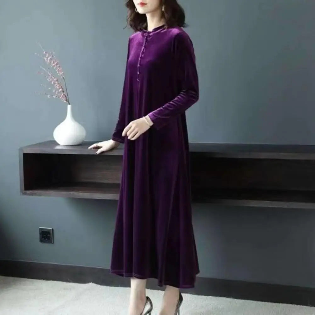 Spring Autumn Women Dress Solid Color Long Sleeves Button Female Maxi Dress Keep Warm Velvet O Neck Mid-calf Length Lady Dress - Seprincess