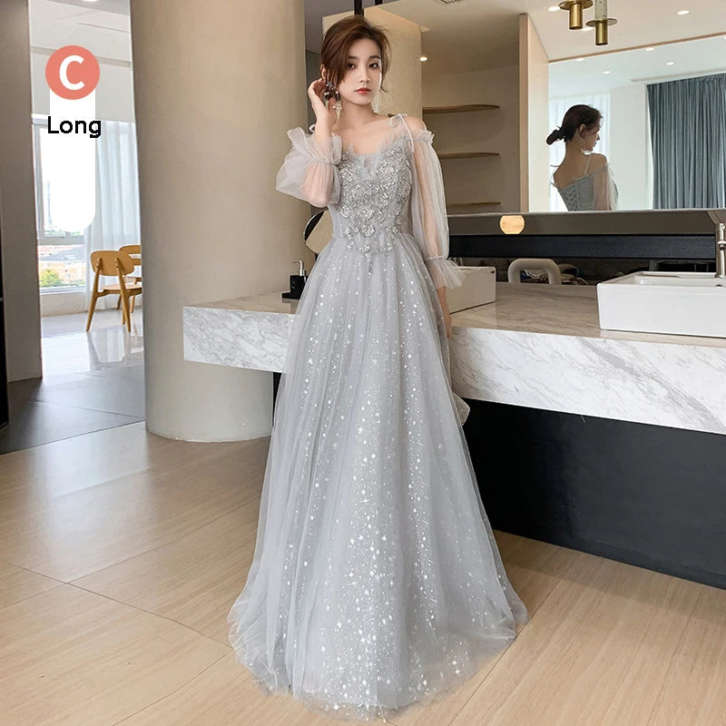 Bridesmaid Dress Temperament Lantern Sleeve Sequin Party Dress Fairy Stage Performance Dress Elegant Banquet Dress A-Long Dress - Seprincess