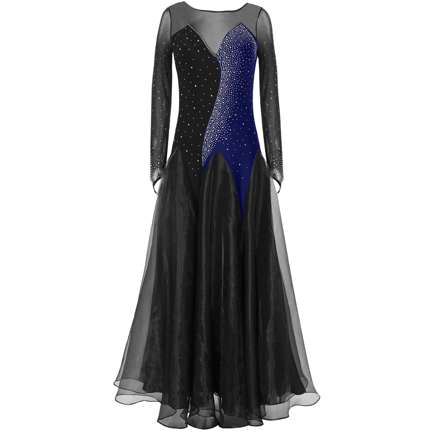 Womens Sheer Mesh Ballroom Dance Dresses Long Sleeve Shiny Rhinestones Dress for Lyrical Waltz Cha-Cha Performance Competition - Seprincess