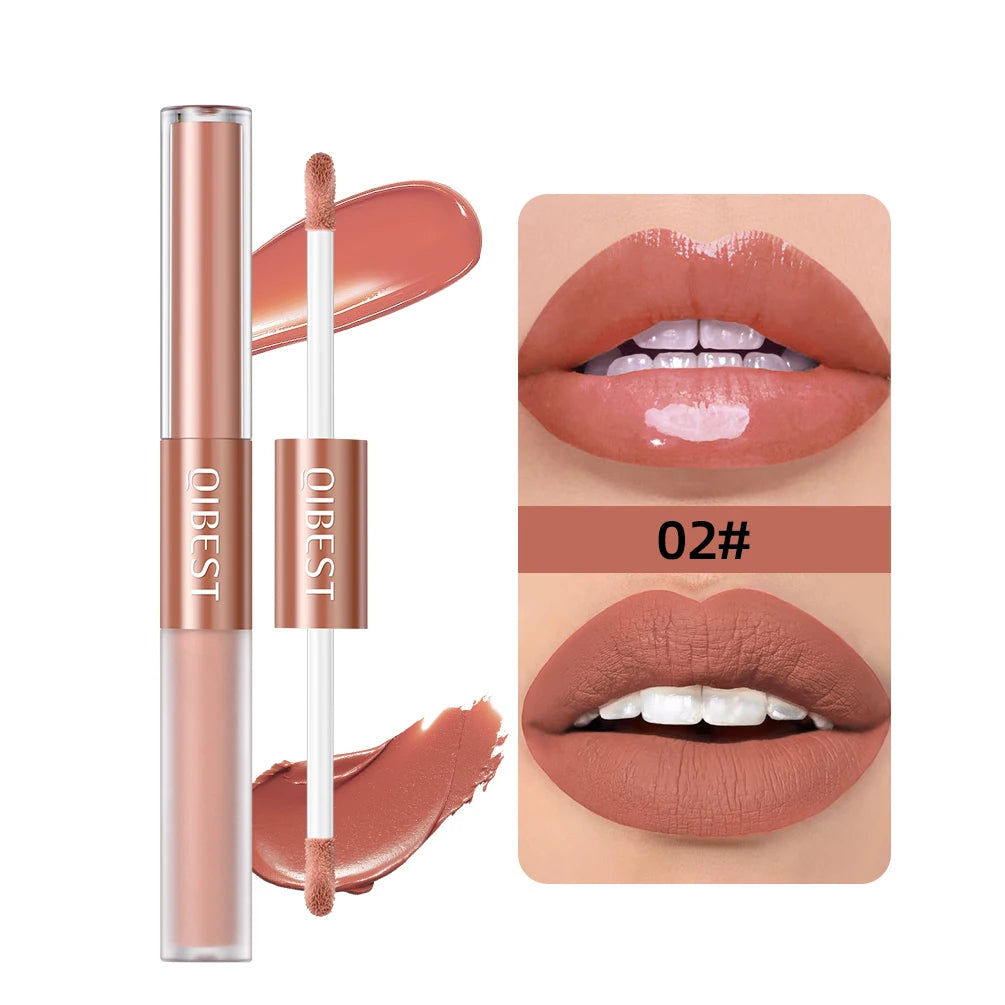 QIBEST 2023 New Double Head Matte Velvet Liquid Lipstick Waterproof Double End Mirror Lip Glaze Moisture Lip Makeup 2 In 1 Stick