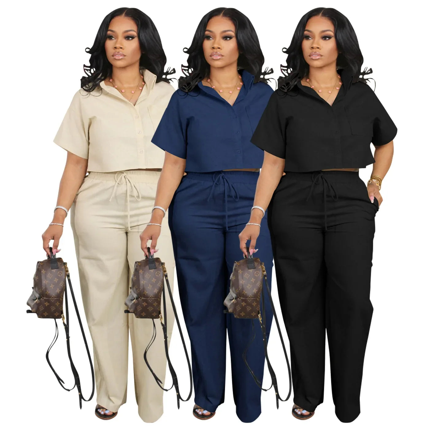 Street Fashion Women's Set Short Sleeve Linen Shirt and Wide Leg Pants 2024 Street OL Two 2 Piece Set Outfit Tracksuit - Seprincess