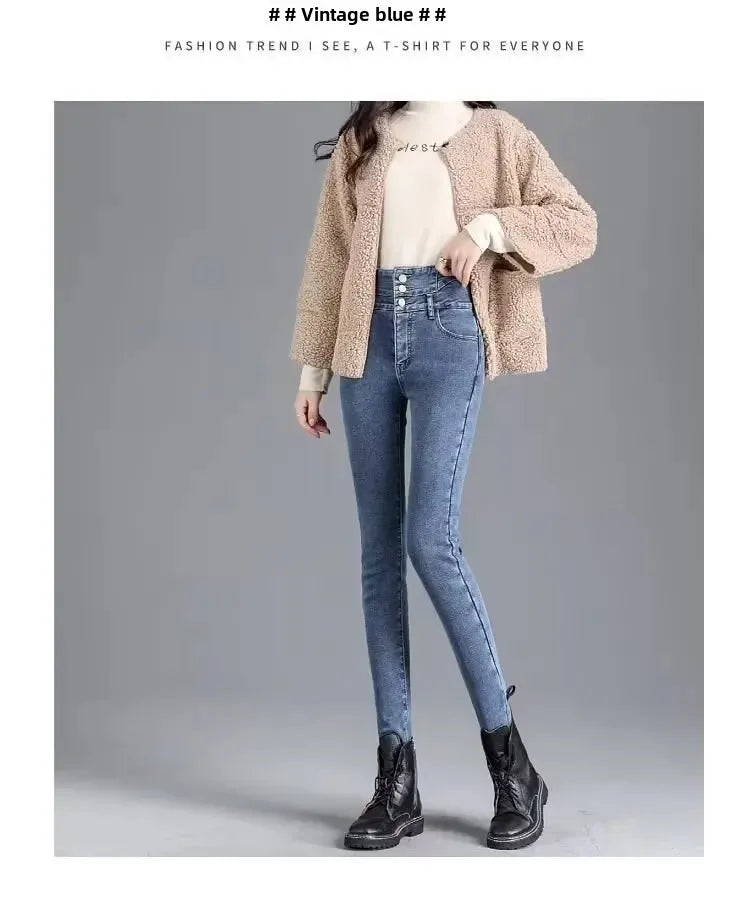 Fashionable High-Waisted Button-Up Jeans With Elastic Waistband And Pencil Legging Design Versatile Solid Color For Autumn/Winte