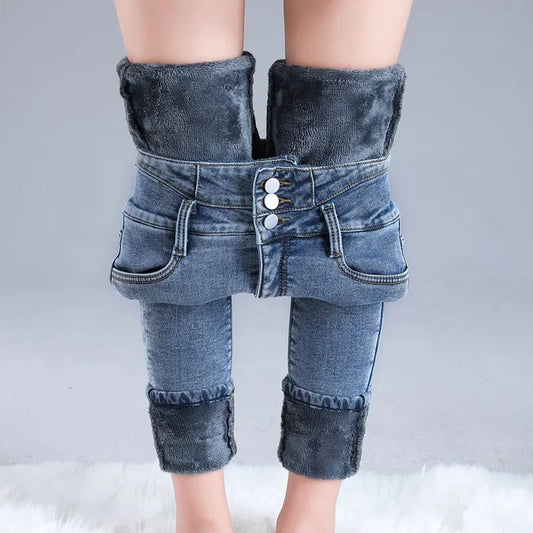 2023 Winter New Women's High-Waisted Elastic Korean Style Slimming Thickened Warm Fleece-Lined Jeans Outer Wear Small Foot Trous