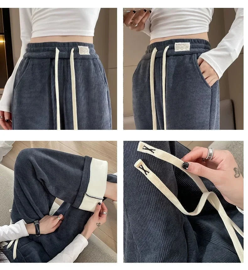 Women's Narrow-Legged Fleece-Lined Bell Bottoms Casual Straight-Leg Pants Trendy Autumn Winter 2023 Slimming Draped Cotton Velve