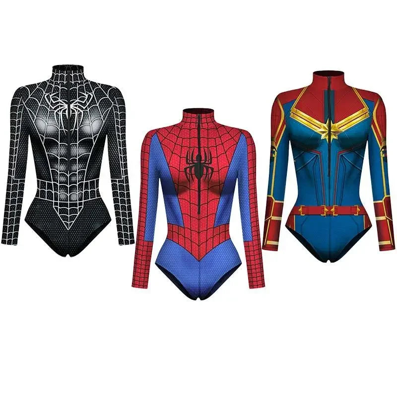 Spiderman Captain Superhero Swimsuit for Women Men 3D Print Long Sleeve Swim Bodysuit Cosplay Jumpsuit Halloween Carnival Outfit - Seprincess