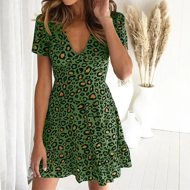 Summer New Women's Fashion Casual Dresses Leopard Print Deep V-Neck Lotus Leaf Edge Dress - Seprincess