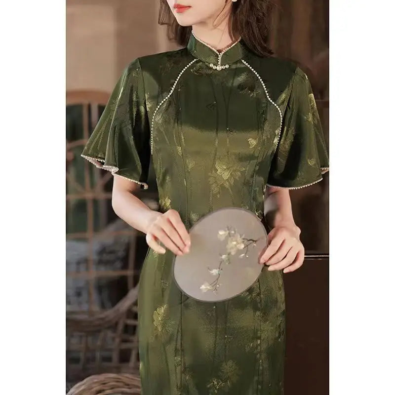 Cheongsam Dress Modern 2024 Women Improved Qipao New Long Waist Chinese Style Dress Sweet Green Chinese Dress Woman - Seprincess