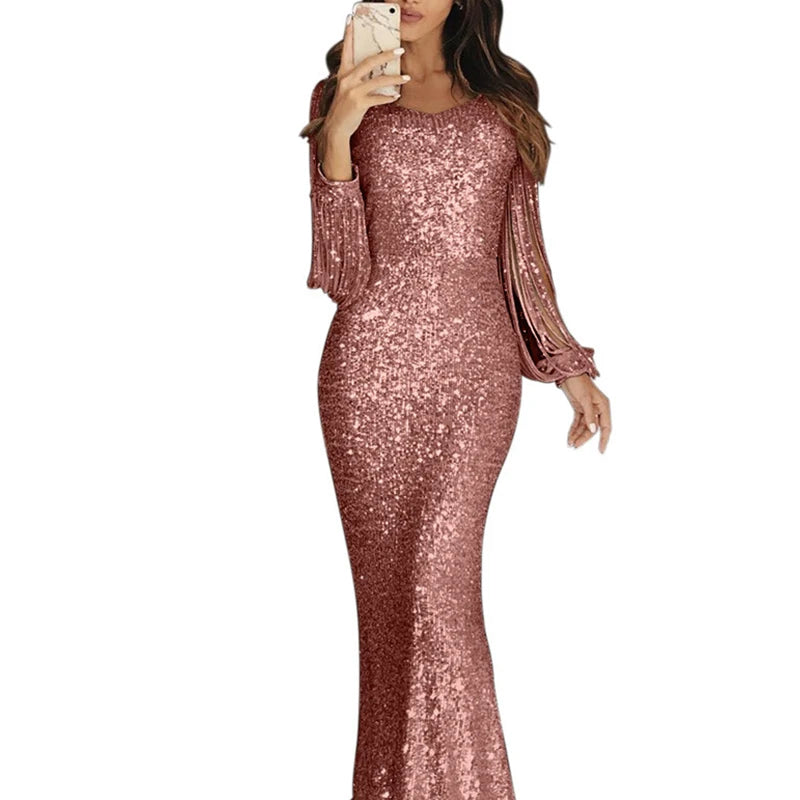 Spring 2022 Women Fashion Elegant Sequins Solid Color Maxi Wedding Evening Party Dress Female Long Tassel Sleeve Bodycon Dresses - Seprincess