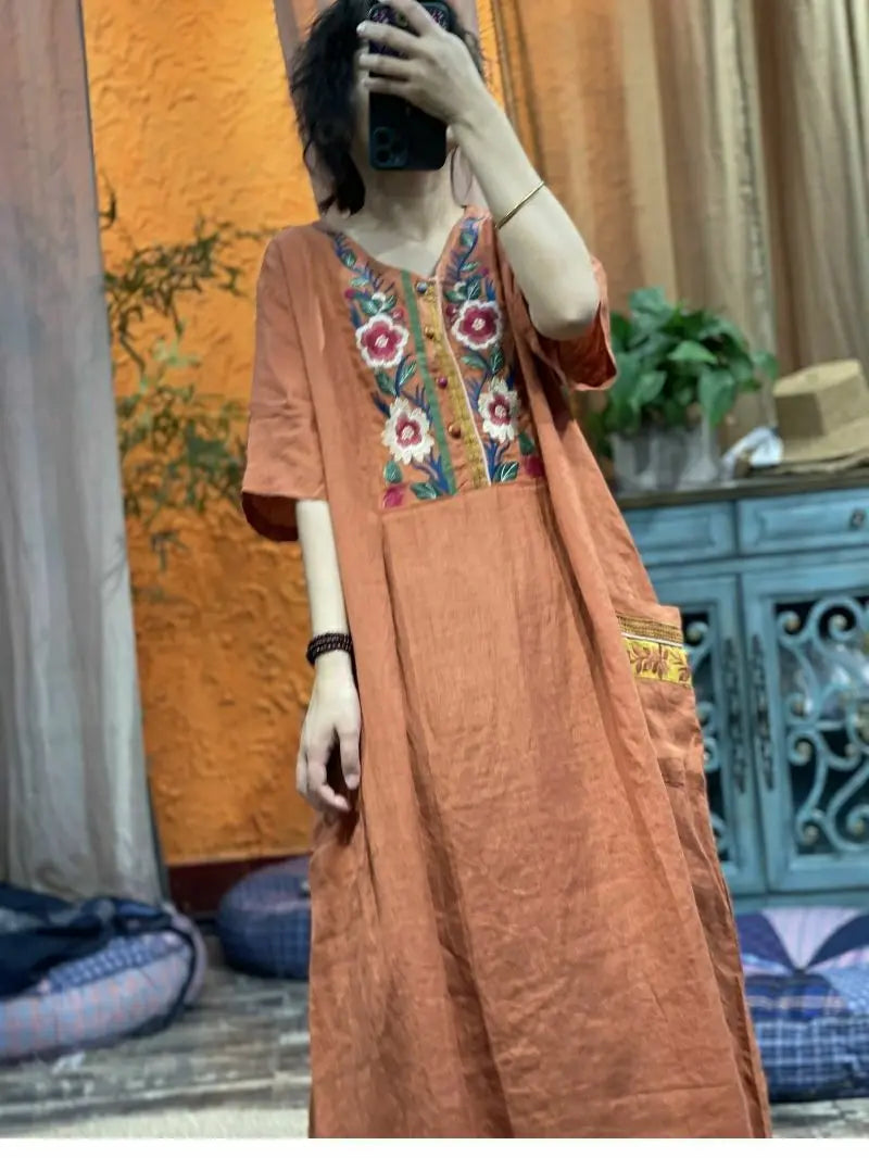 2023 Chinese national style linen embroidery v-neck button up skirt loose vintage dress women loose dress cheongsam dress pd - Seprincess