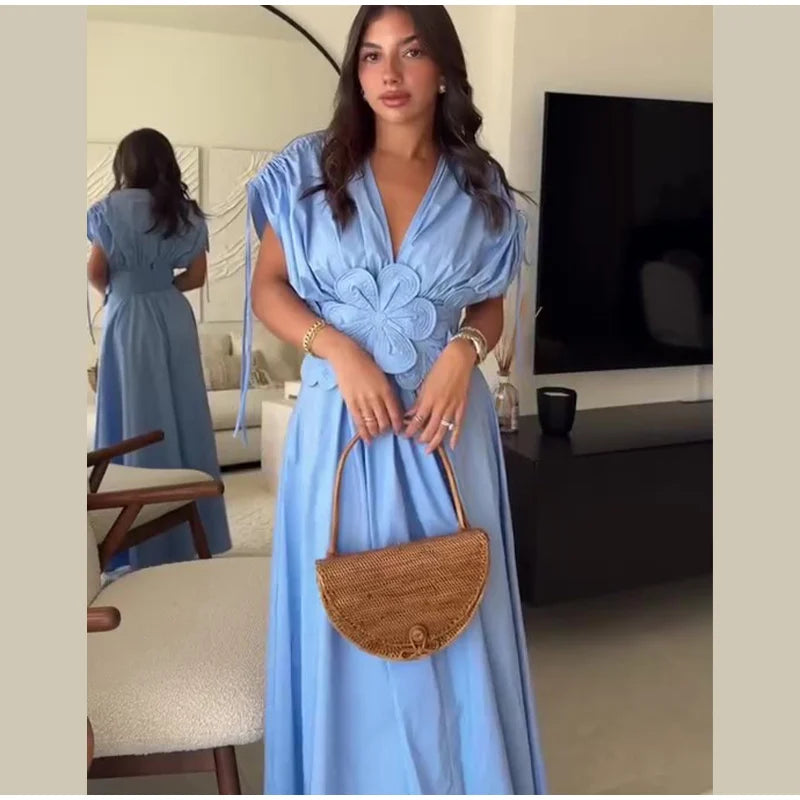 Summer Elegant Pleated Bow V Neck Blue Long Dresses For Women 2024 New Off Shoulder Sleeveless Maxi Dress Ladies Vacation Robe - Seprincess