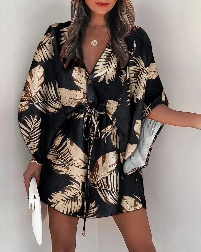 2023 Summer New Beach Party Elegant Women's Fashion Sexy Dress V-Neck Lace up Button Print Casual Short Sleeve Miniskirt - Seprincess