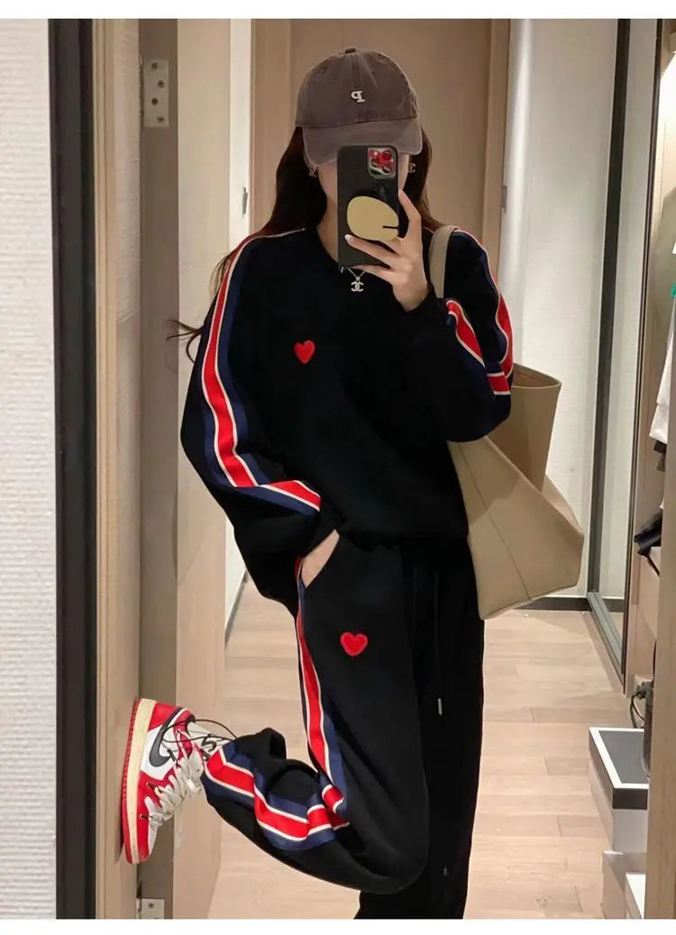 Autumn Cute Love Embroidery Pant Sets Two Pieces Tracksuits Khaki Side Striped Sweatshirt Women Girls Loose Sporty Korean Style