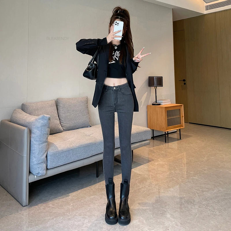 Skinny Jeans Women's Elastic High Waist Slim Fashion Korean Pencil Pants Spring New Leggings Black Gray Light Blue