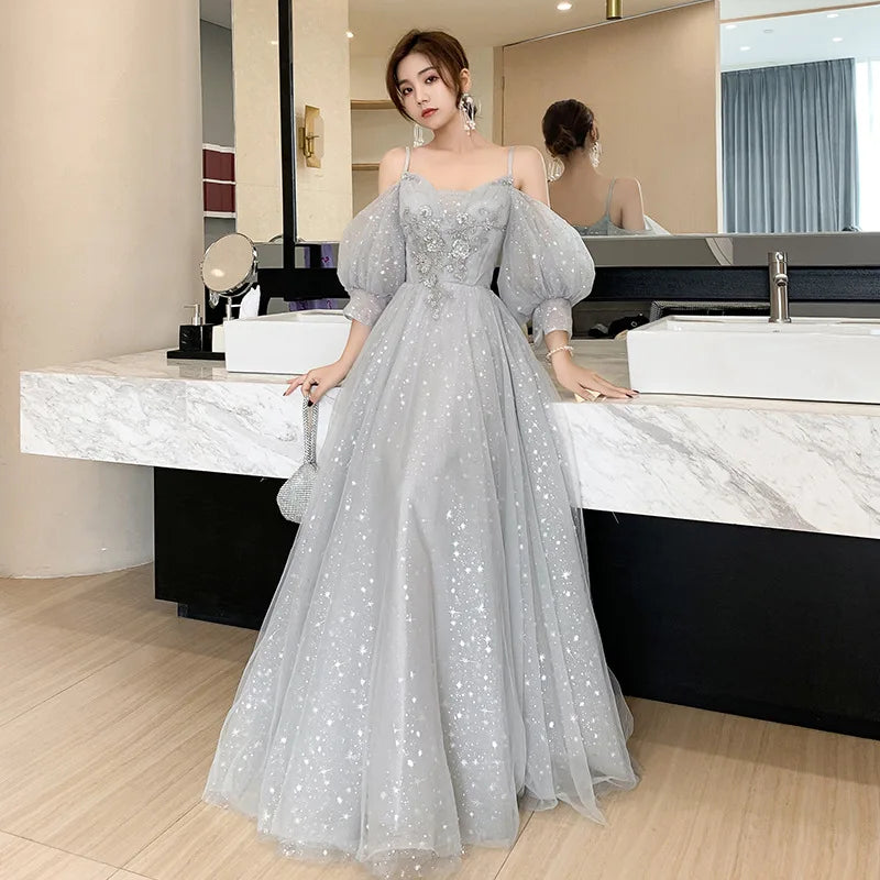 Grey Bridesmaid Dresses Elegant Women Applique Off The Shoulder Floor Length Tulle Wedding Party Dress Formal Prom Gowns - Seprincess