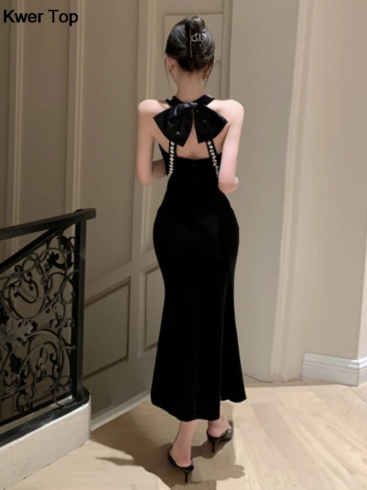 Woman Sexy Backless Bow Black Mermaid Dresses French Vintage Temperament Party Dress Ladies Chic Luxury Velvet Robe - Seprincess