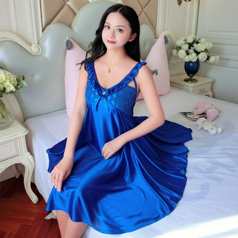 Thin Silk Lady Charming Sleepwear Night Dress Women Sexy Soft Lingerie Spaghetti Strap Home Wear Honeymoon Bride Wedding Nighty - Seprincess