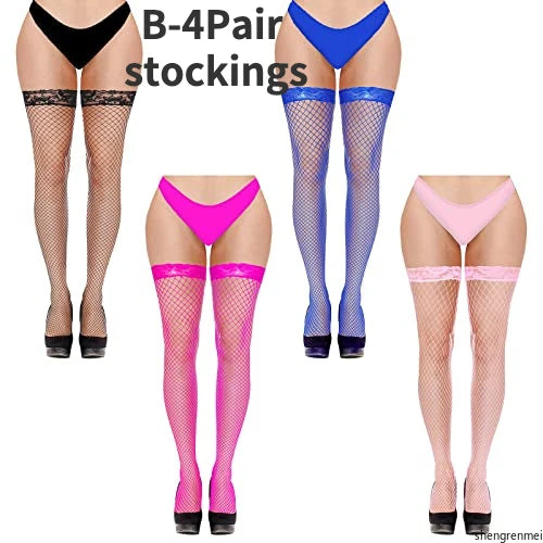 4 Pairs Women Stockings Fishnet Thigh High Top Over The Knee Stocking Sexy Women's Stockings with Lace Top Hosiery Club Wear