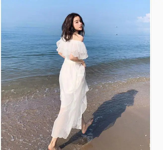 Women's Summer Beach Style Chiffon White Long Dress Lady Graceful Fairy Layers Ruffles Off-Shoulder Dresses Evening Party Gown - Seprincess