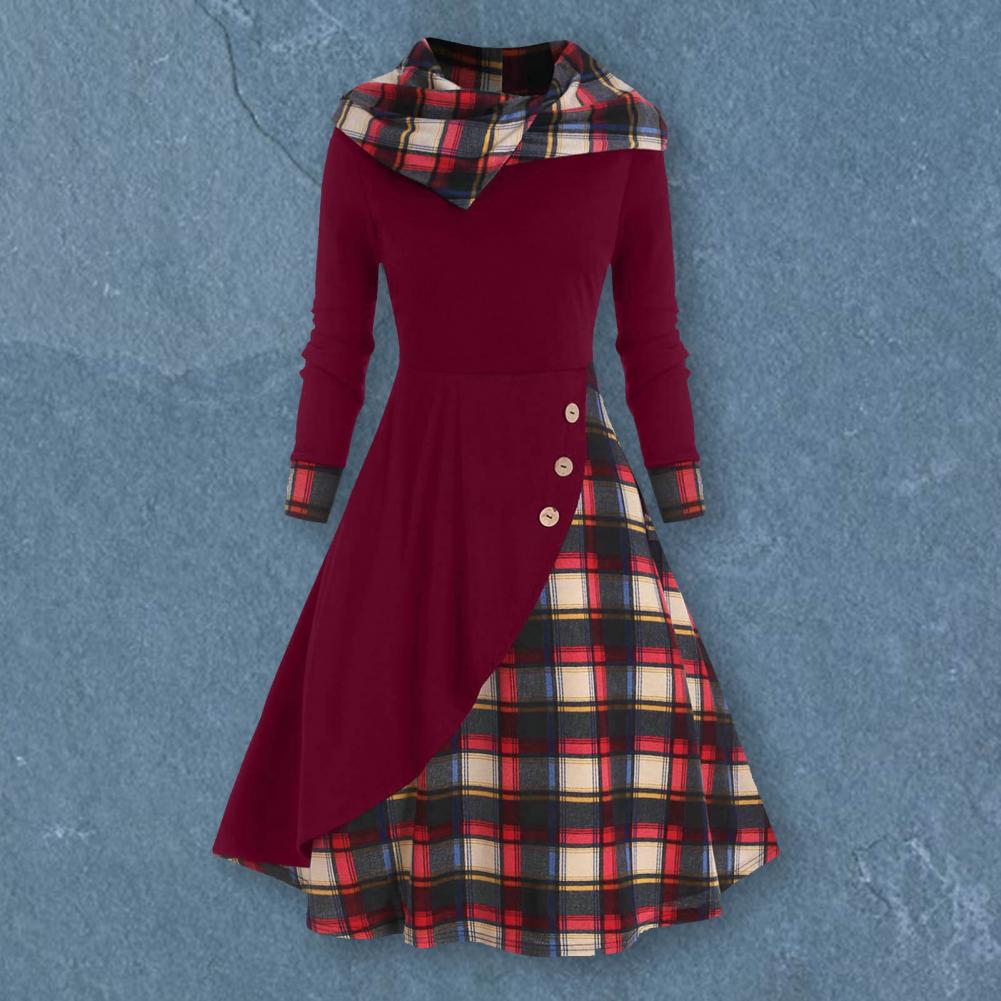 Elegant Dress Women Autumn Irregular Pile Collar Hooded Button Waist Tight Plaid Patchwork Print Large Hem Midi Dress - Seprincess