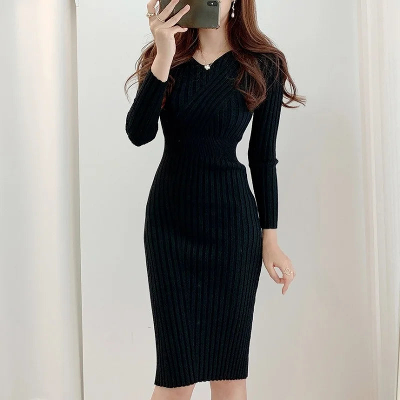 Vintage Long Sleeve Knitted Dresses for Women Party Robe Female Autumn 2021 Retro V-neck Bodycon Dress Korean Slim Waist Vestido - Seprincess