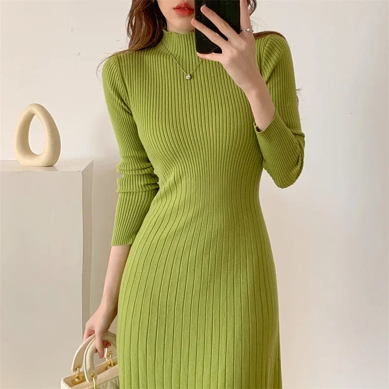 Autumn Winter 2024 Slim Long Sleeve Party Midi Dress for Women Knitted Half High Collar Elegant Knitted Sweater Dresses Ladies - Seprincess