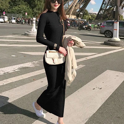 Winter Warm Slim Pullovers Sweater Dress Fashion Knitting Cotton Dress Women Long Sleeve O-neck Sheath Ankle-Length Dress - Seprincess