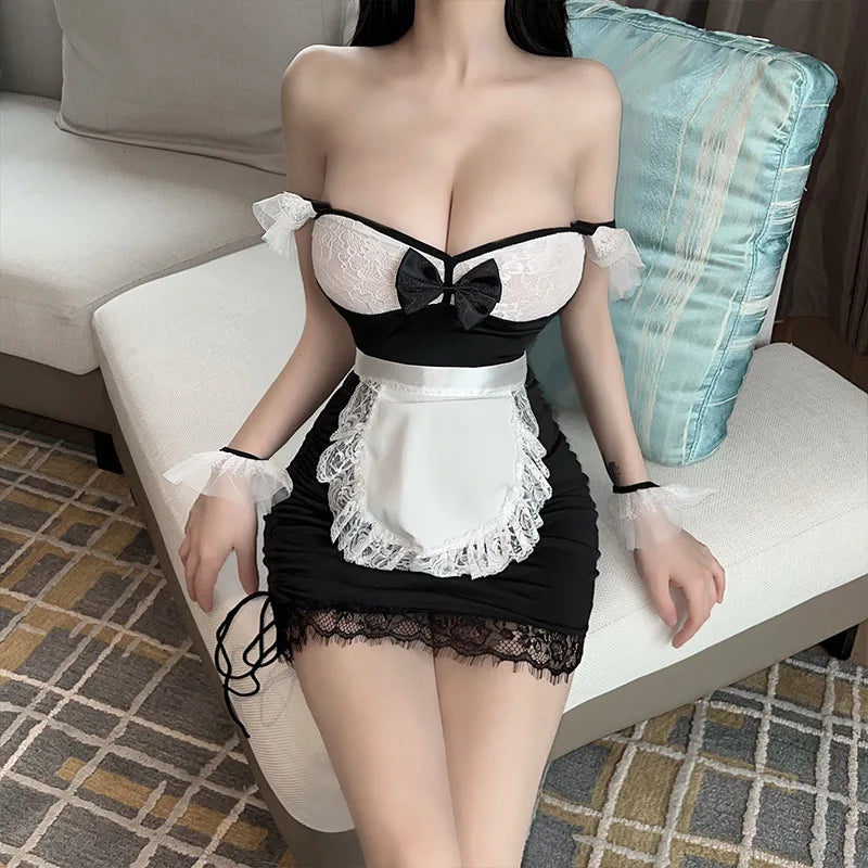 Erotic lingerie Lace deep v revealing breasts tight fitting maid uniform tempting sexy tоy body sexy. items lolita sex cosplay - Seprincess