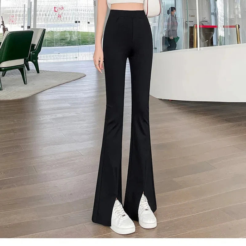 Spring Autumn Women's Clothing Solid Elastic High Waisted Pockets Casual Formal Trousers Straight Office Lady Cropped Pants