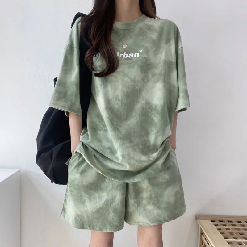 Women T-Shirt Shorts Suit Set Casual Tie Dye Loose tshirt and wide leg middle shorts with pockets female Soft Summer Shorts Sets - Seprincess