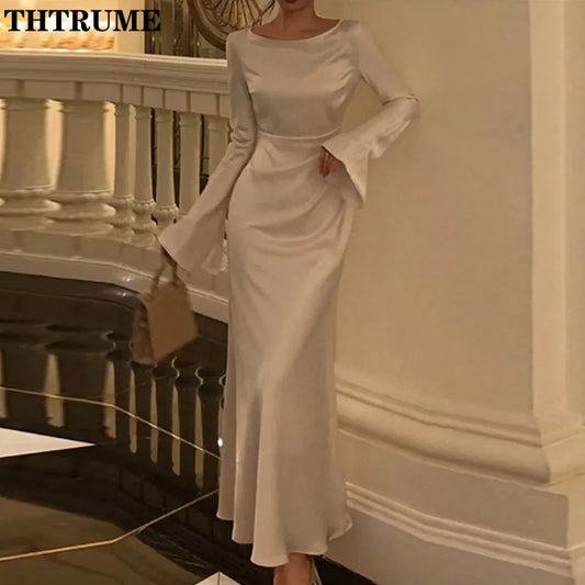 Elegant Women Satin Dress Fashion Autumn Round Neck Flare Long Sleeve Lace Up Bow Maxi Dresses Evening Party Club Vestidos Robe - Seprincess