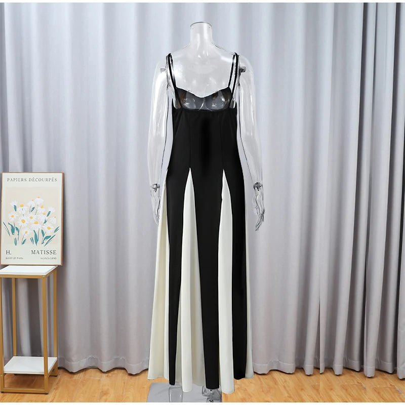 Elegant Black White Patchwork Maxi Dresses Women Fashion O-neck Long Sleeves Slim Dress New Female Evening Party Robes - Seprincess