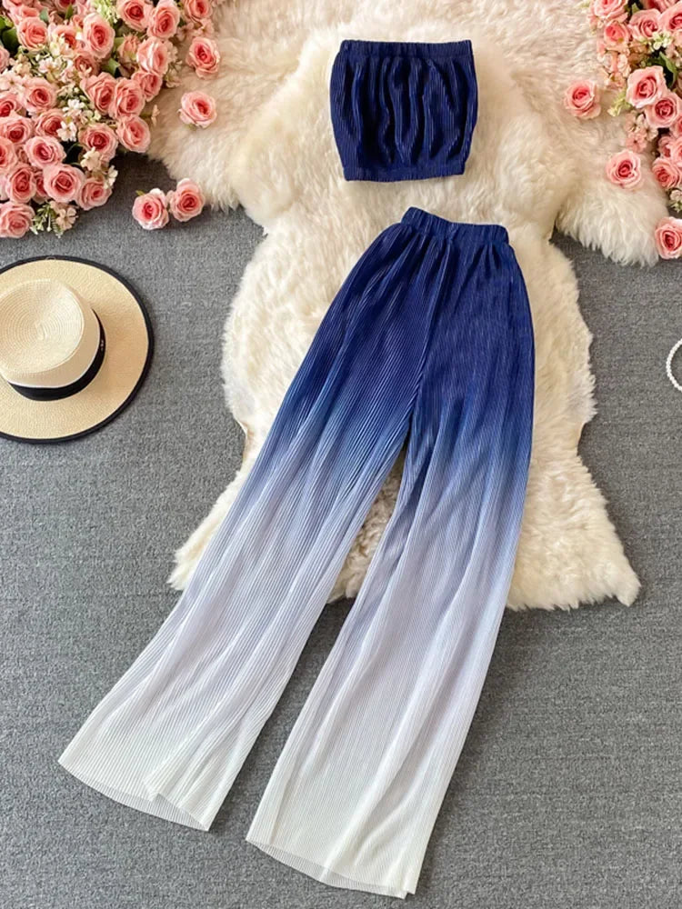 Summer Women's Suit Korean Street Style Gradient Tube Top Short Top + High Waist Wide Leg Pants Female Sets FC441 - Seprincess