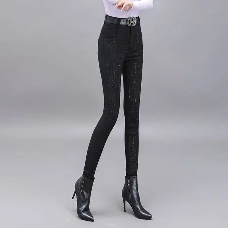 Rhinestone Black Denim Pencil Pants Women's Jeans Autumn New European Elastic Slim Fit High Waisted Strech Jean Pants for Women