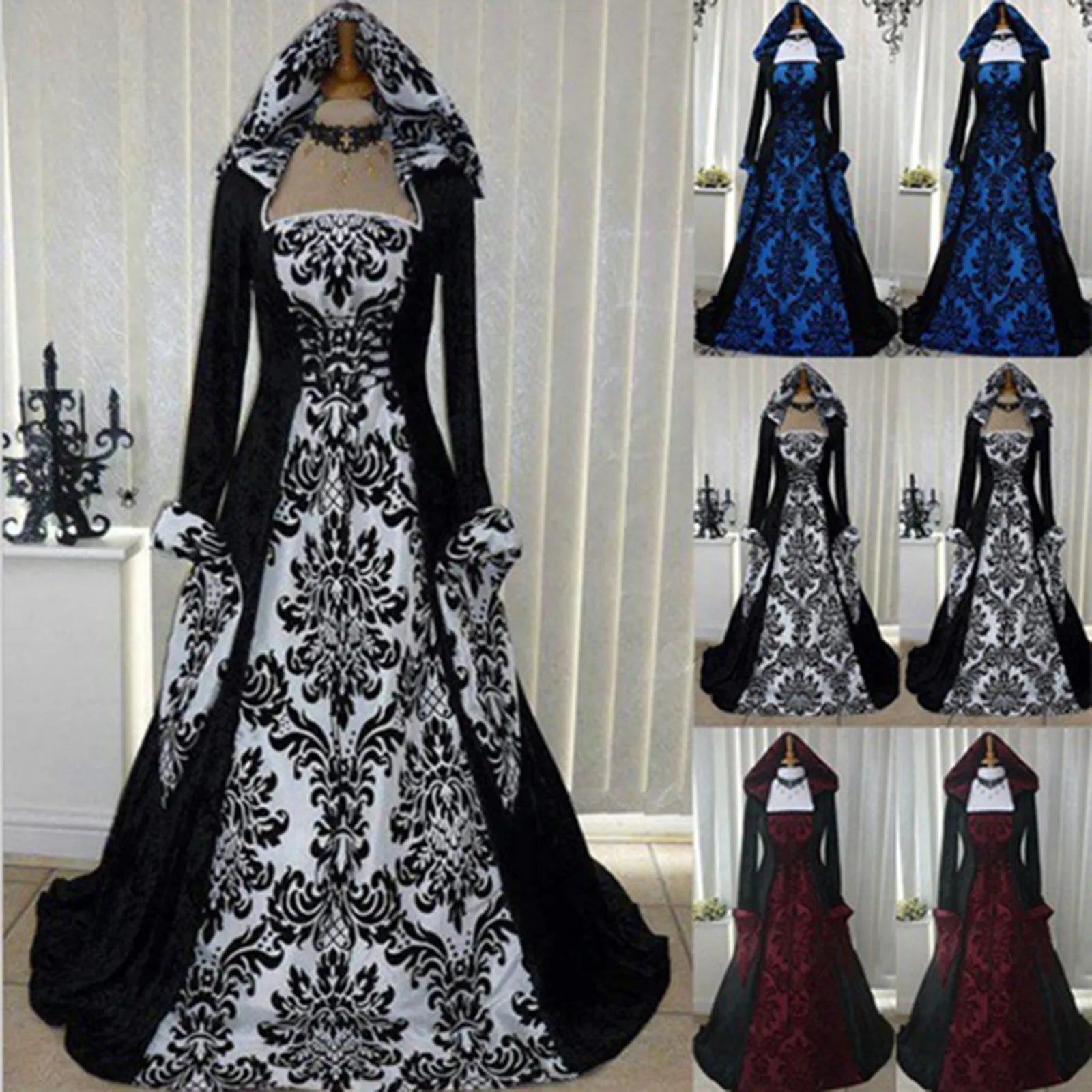 Vintage Retro Gothic Emboridered Hooled Long Sleeve Hooded A-line Dress Fashion Large Swing Cosplay Long Gown Dresses For Ladies - Seprincess