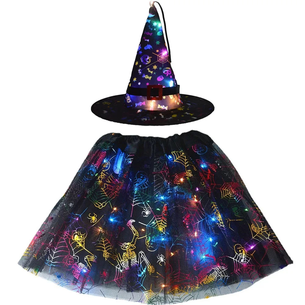 Women Kids Girl Luminous LED Glow Light Up Elf Witch Hat Star Skirt Spider Web Tutu Wizard Costume Party Gift Halloween Festival - Seprincess