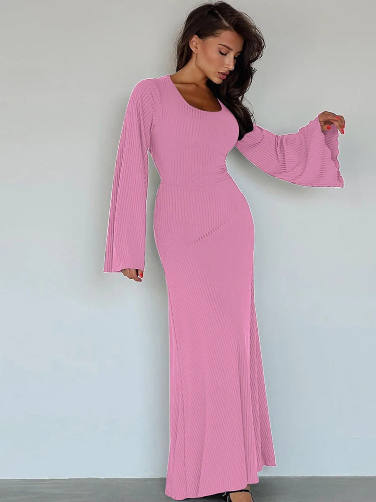 Dulzura Solid Ribbed Trumpet Sleeves Maxi Dress Back Lace-Up Straps Elegant Casual 2023 Autumn Winter For Women Birthday - Seprincess