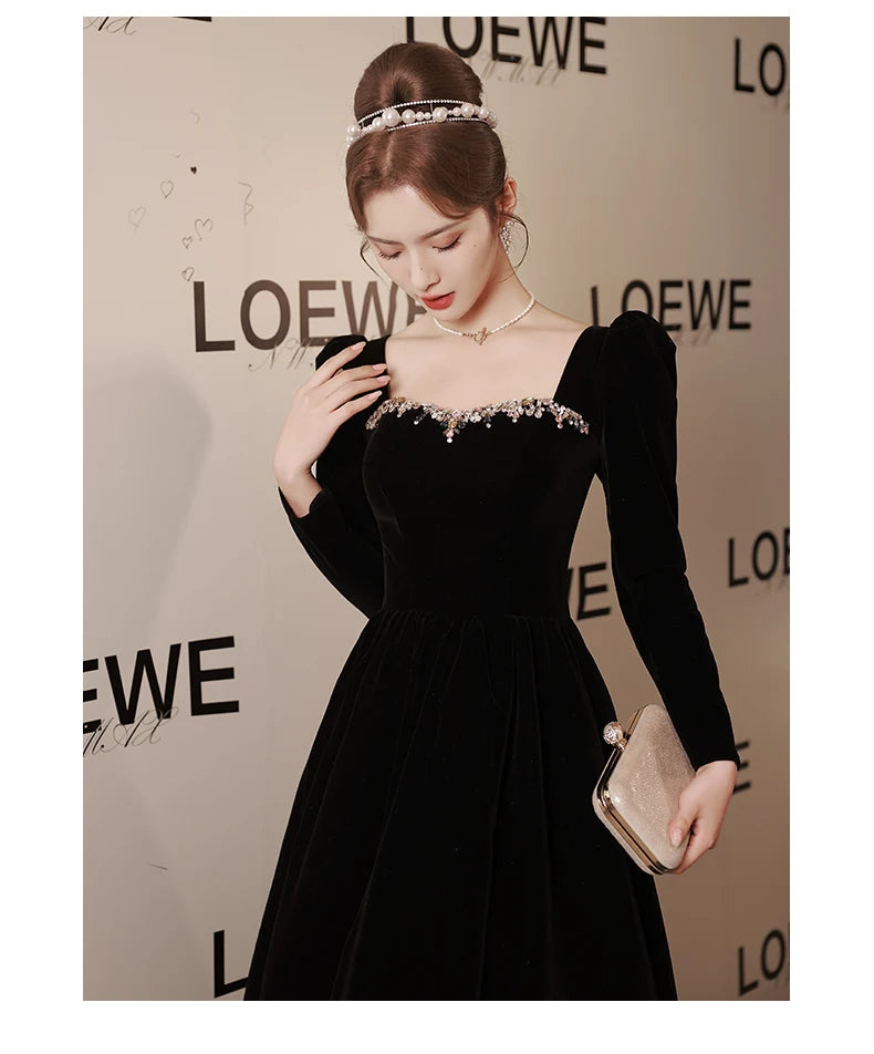 Black new light luxury small temperament banquet velvet long-sleeved dress - Seprincess