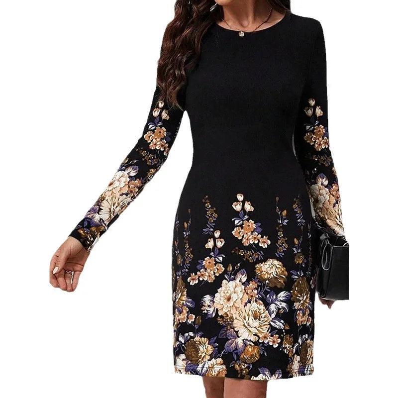 2024 New Autumn Winter Women Dress O Neck Flower Print A-Line Long Sleeve Loose Dress Casual Fashion Elegant Ladies Mini Dresses - Seprincess