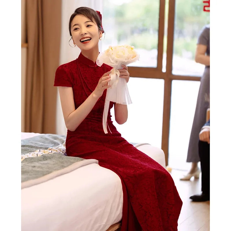 Grace Lace Qipao Female Backless Evening Dress Sexy Lace Chinese Style Dresses Big Bow Cheongsam Bride Banquet Gown Vestidos - Seprincess