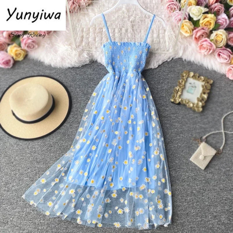 Women daisy Print Dresses Summer Sexy Lace Mesh Dress Spaghetti Strap Ruched Floral Vestidos Korean Style Long Dress - Seprincess