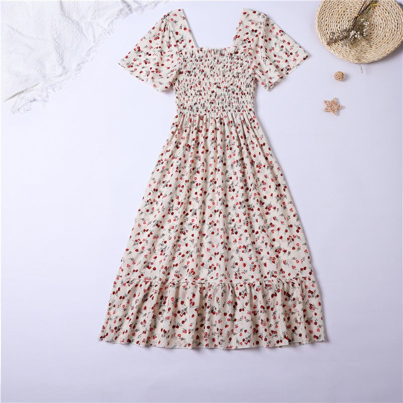 Spring Summer Chiffon Dress Women Midi DressesFemale Short Sleeve Elastic Waist Printed Floral Pleated Backless Casual Dress - Seprincess